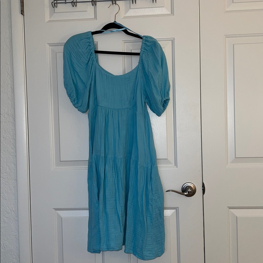Caslon Turquoise blue Dress with Puff Sleeves and pockets